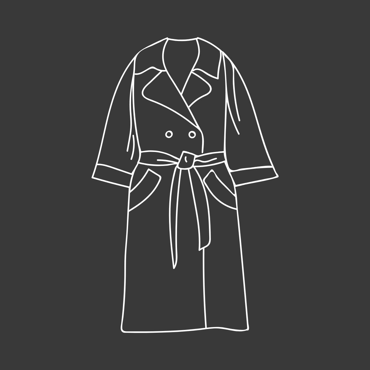 Weiße Outlines eines Trenchcoats auf schwarzem Grund