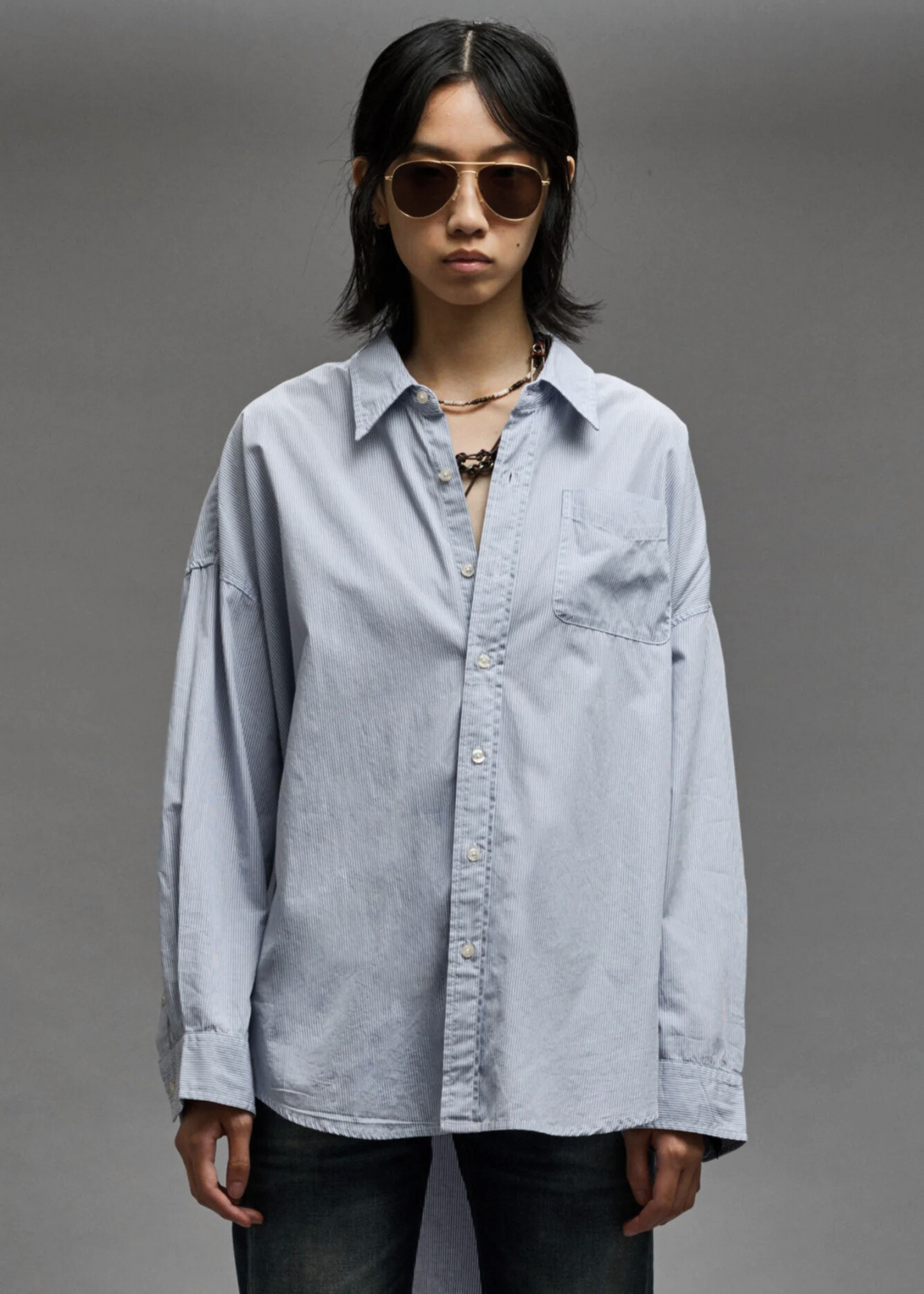 Drop Neck, Blue/White Pinstripe, Oxford Shirt