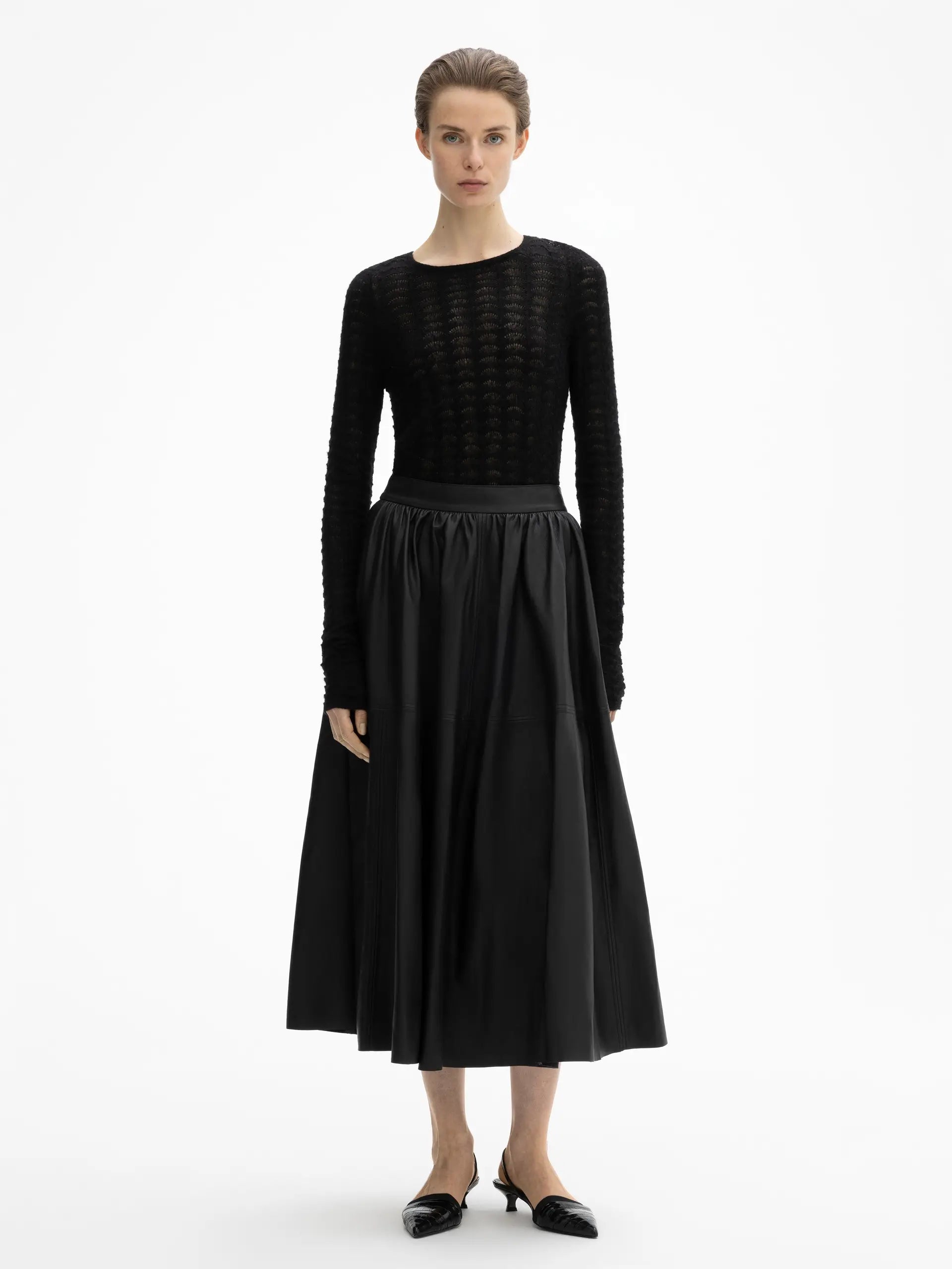 Lace knit top, white, long sleeve