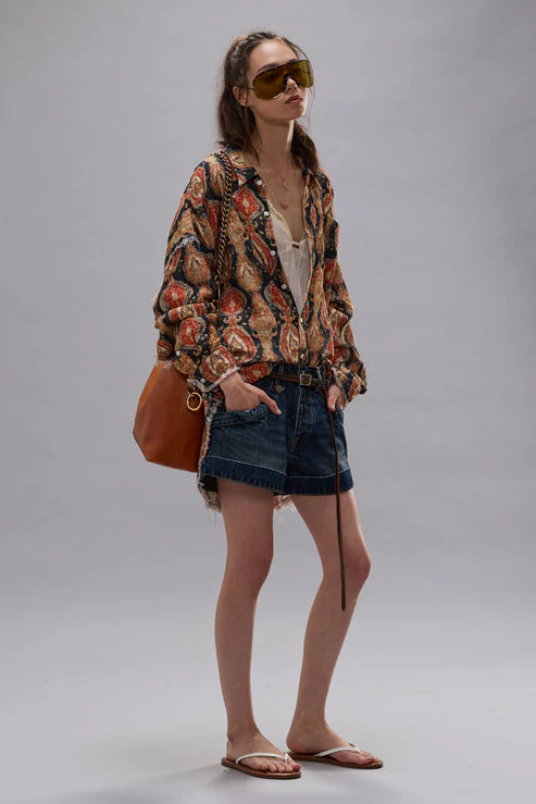 Shredded Seam Drop Neck Shirt, Orange Navy, Bluse
