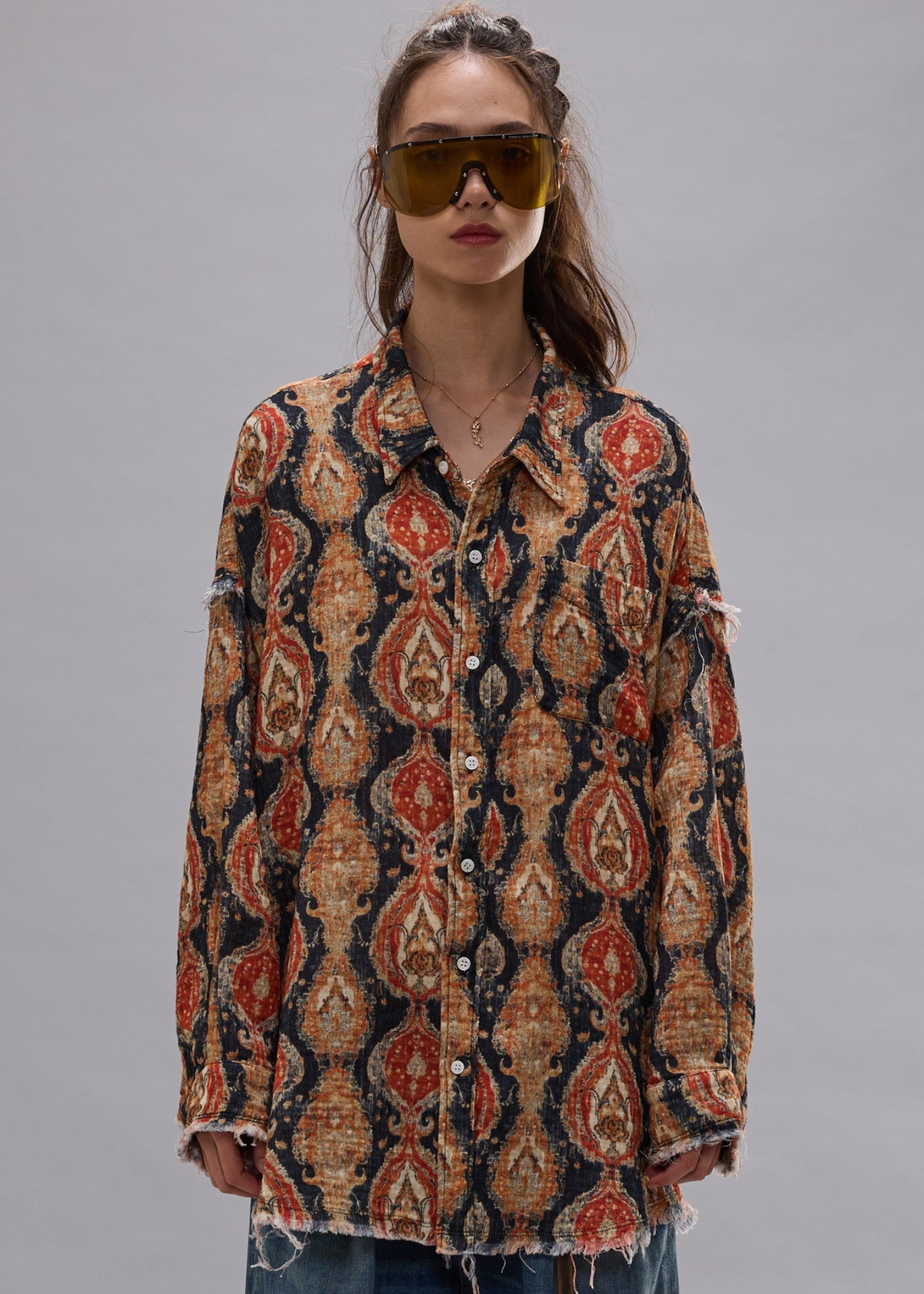 Shredded Seam Drop Neck Shirt, Orange Navy, Bluse