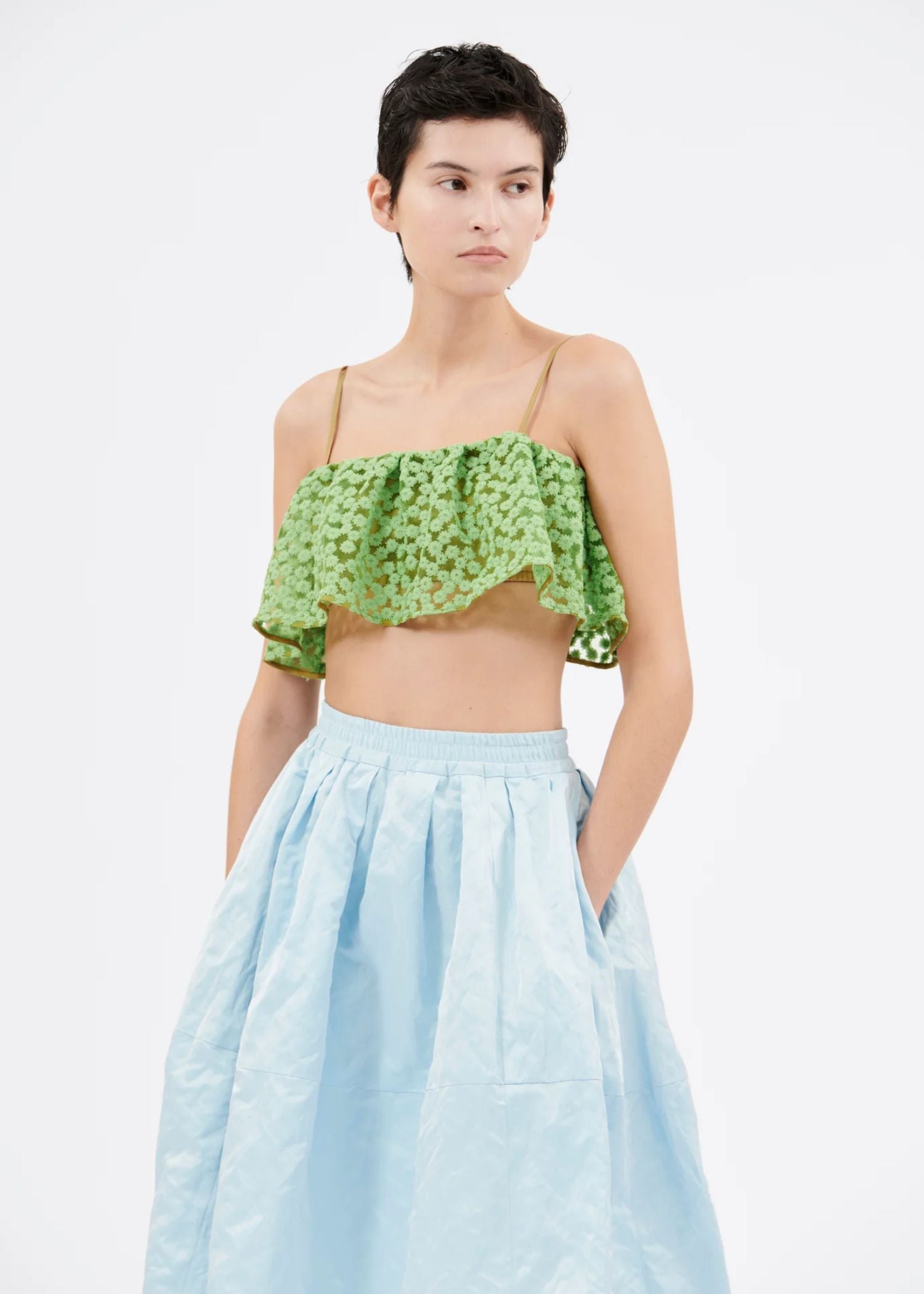 Embroidered Daisies, Green Apple, Top