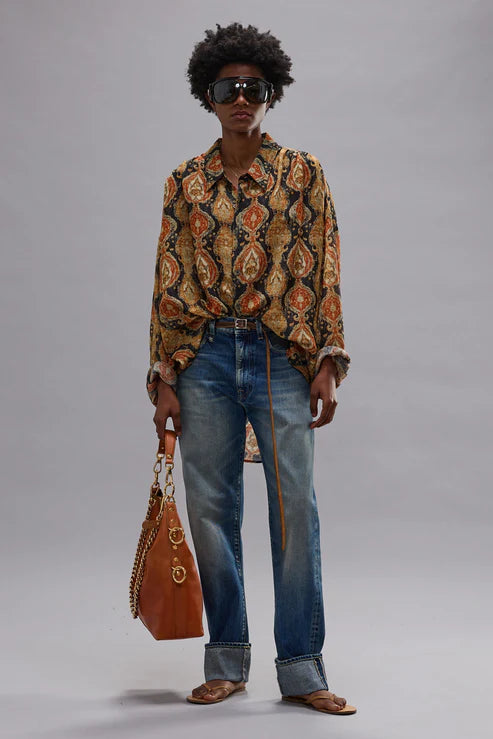 Shredded Seam Drop Neck Shirt, Orange Navy, Bluse