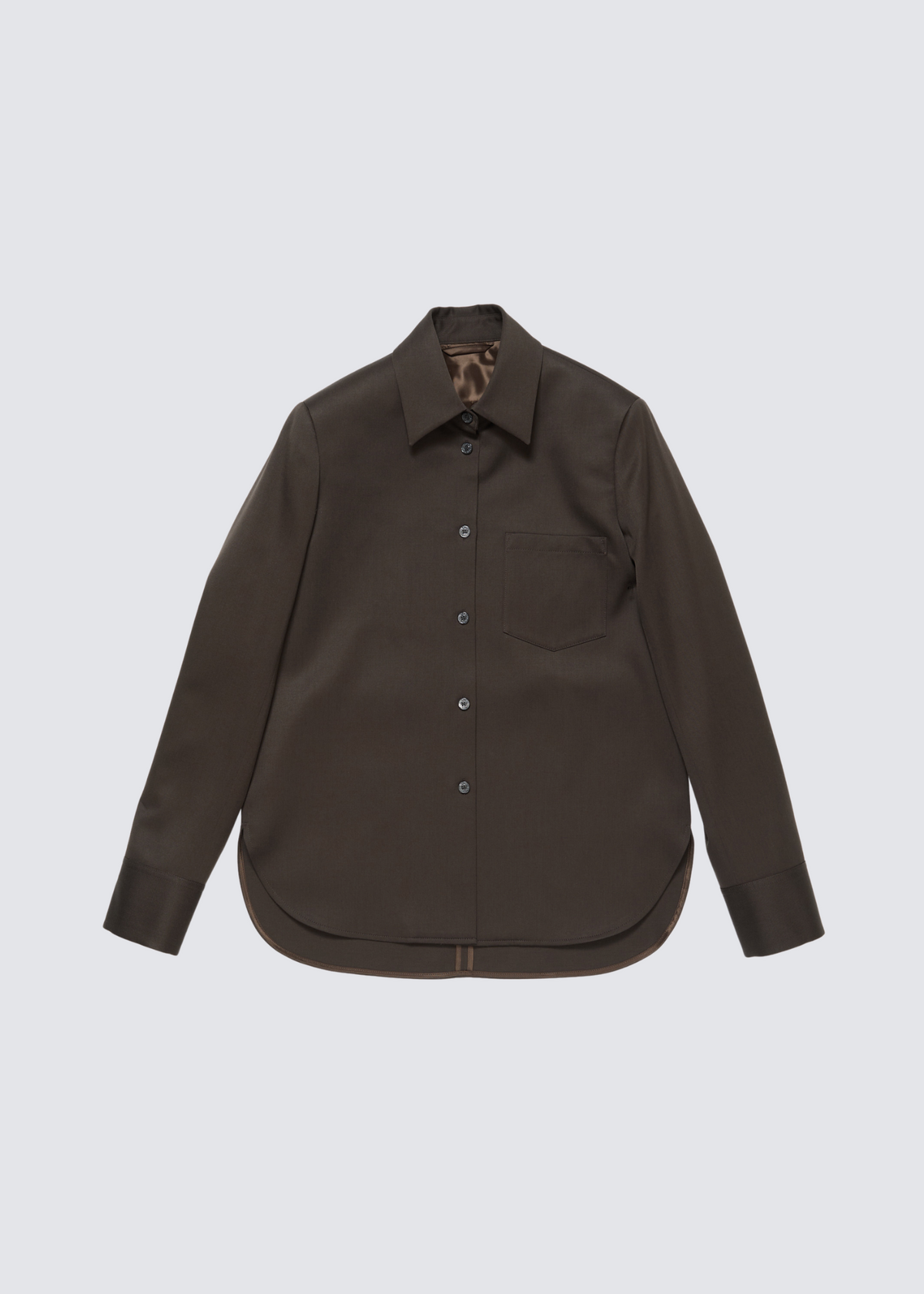 Acne Studios Hemdjacke in schokobraun aus Schurwolle, Freisteller Vorderansicht