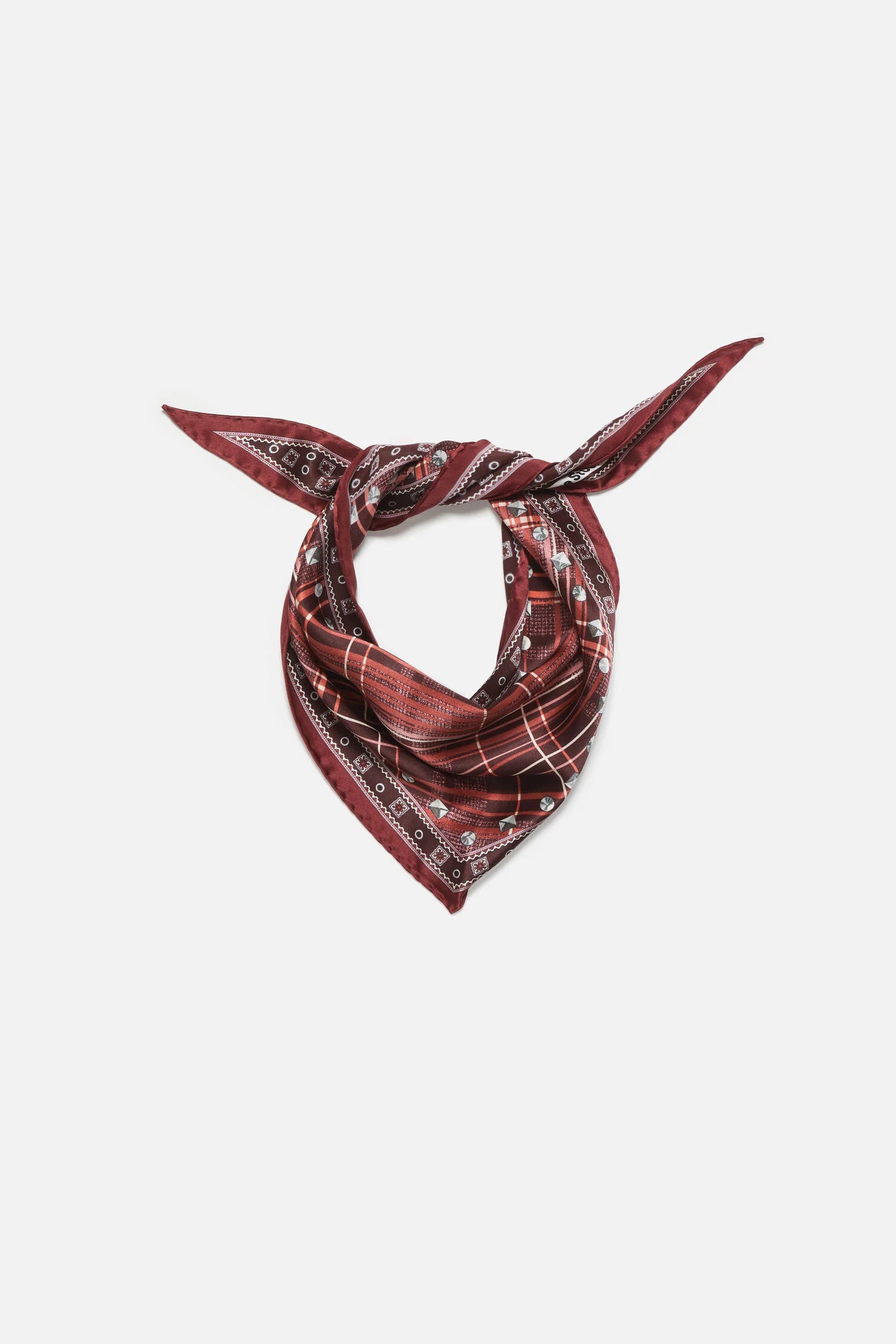 Acne Studios Burgundy Tuch in Rot mit Karo Muster, Streifen, Studiofoto, Produktbild von vorne gebunden vor weißem Hintergrund