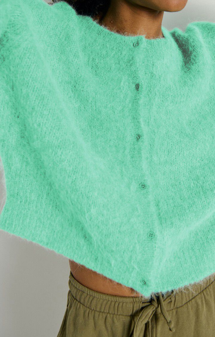 American Vintage grüne Strickjacke aus Alpakagemisch - Modelfoto von vorn 