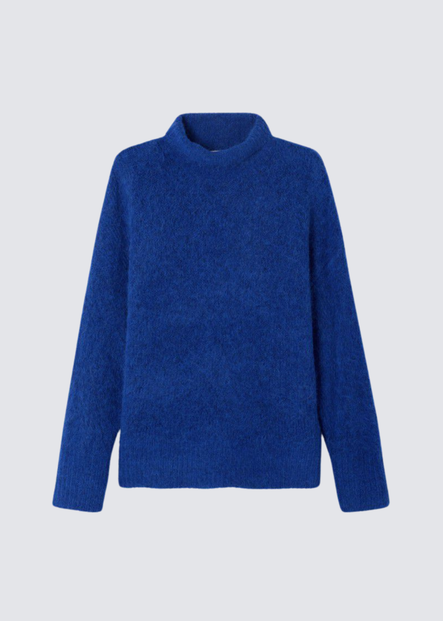 Blauer Rollkragen Strick Pullover. Flat Shot.