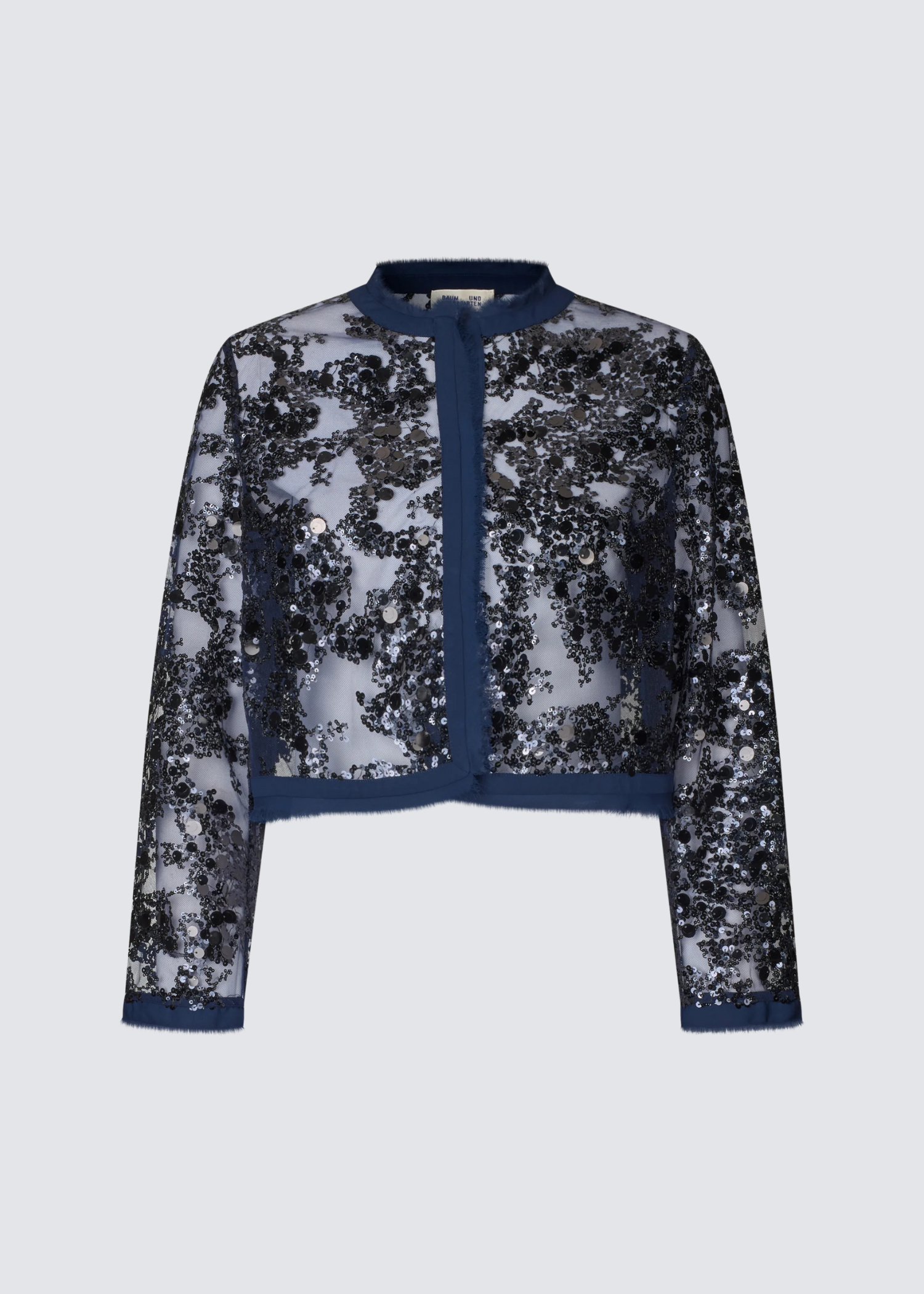 Kastig geschnittene Semitransparente Pailletten-Jacke in Dunkelblau mit Rundhalsausschnitt.
Flat Shot.