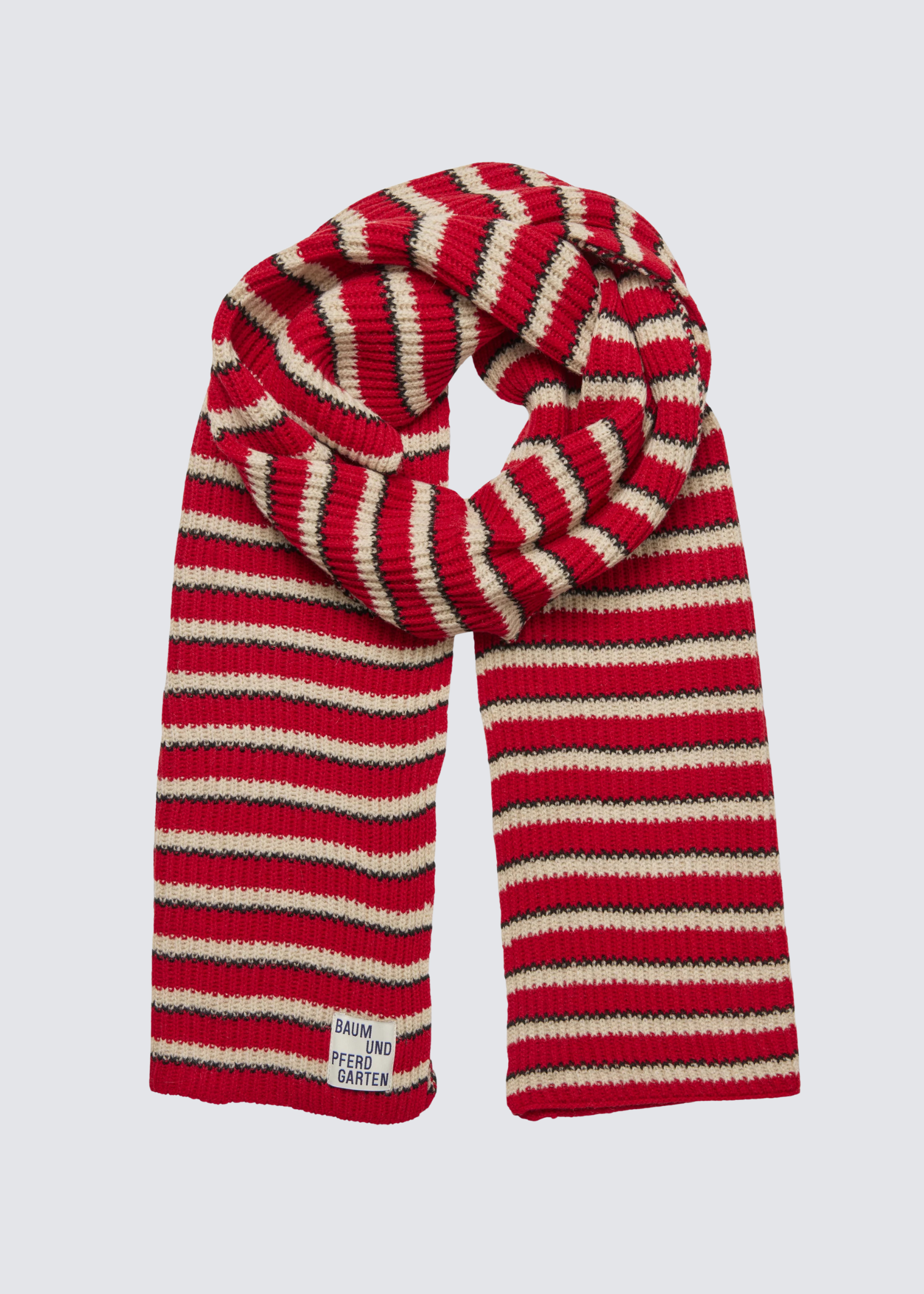 Gestrickter gestreifter Schal in Rot Beige, mit Logo Etikett. 