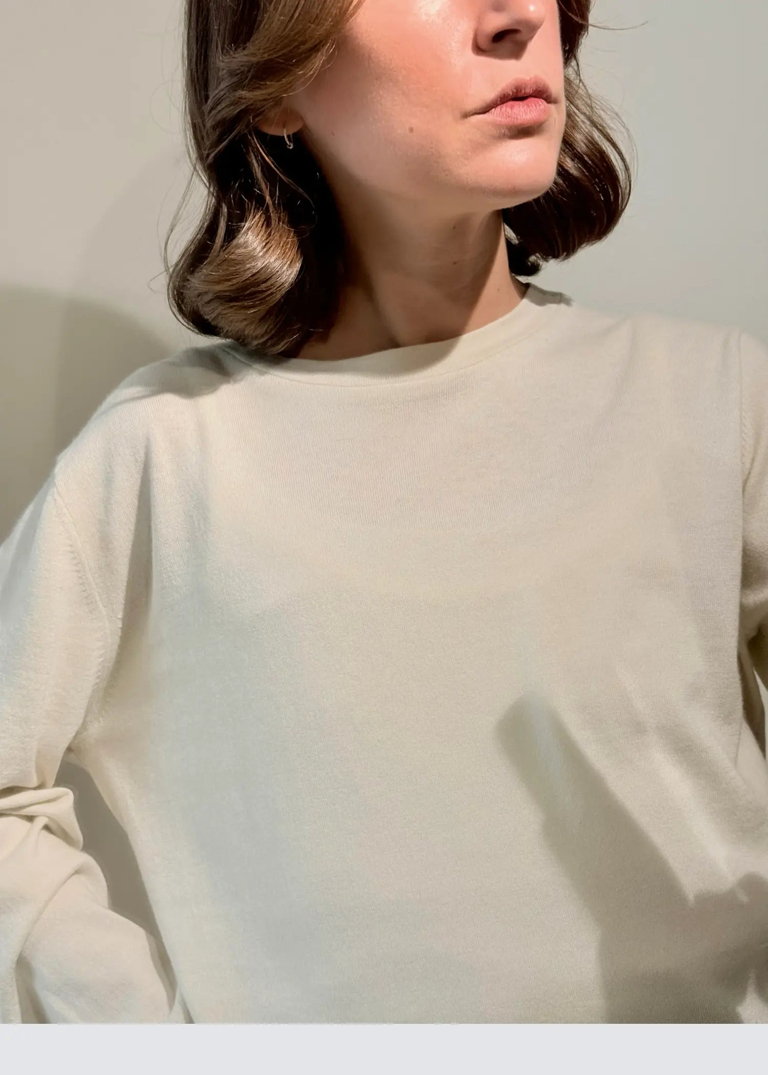 Model Tragbild Extreme Cashmere No500 Jones Bone Pullover, Longsleeve in besch, Nahansicht vorne, Rundhals