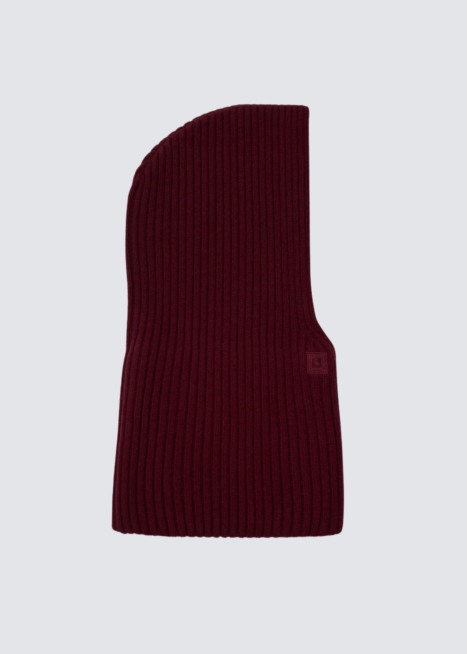 Prinz Berlin Kaschmir Balaklava in bordeaux mit Rippenstrick Optik. Flat Shot.
