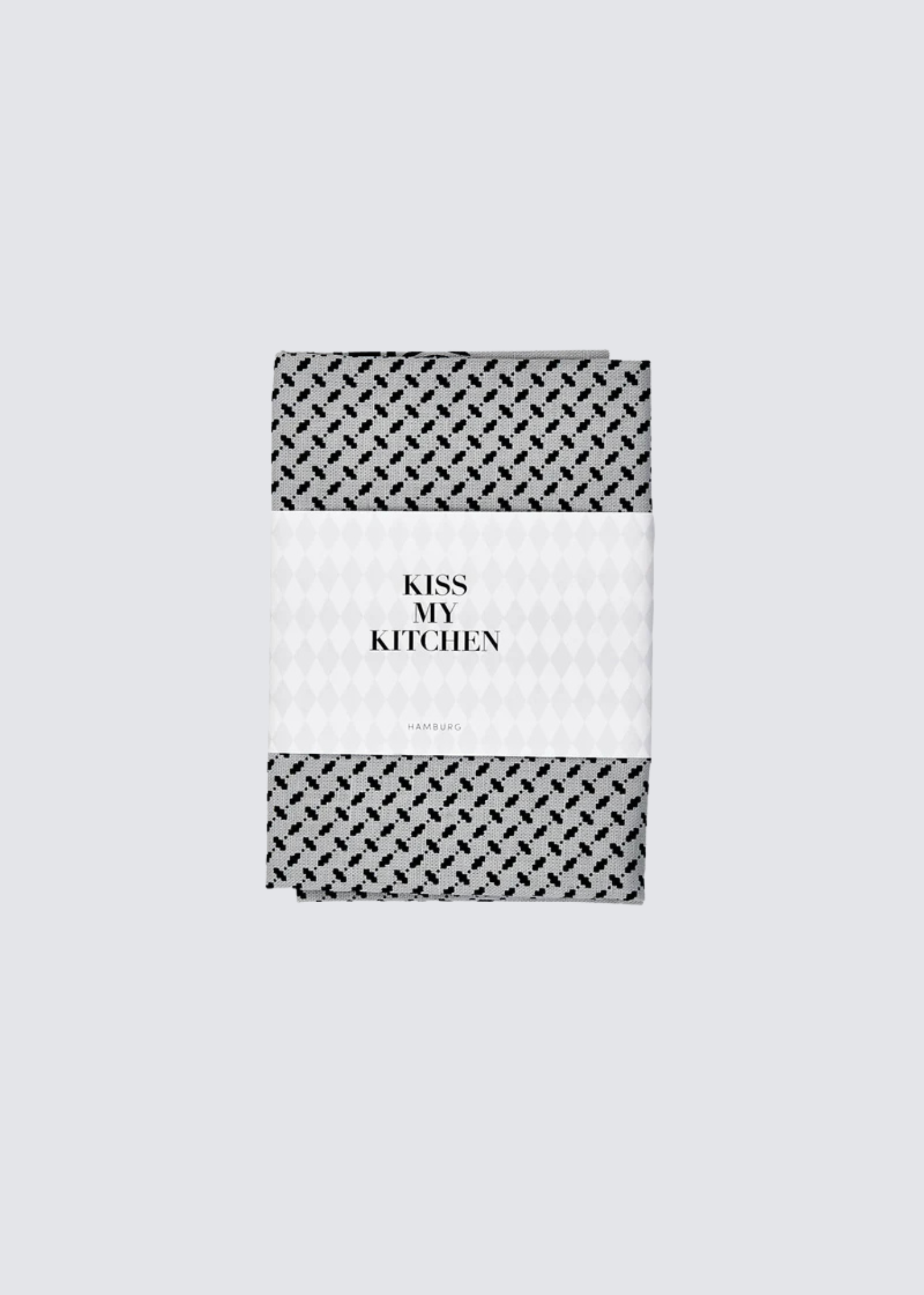 Grau/Schwarzes Geschirrtuch aus Leine-Baumwoll Gemisch. Flat Shot.