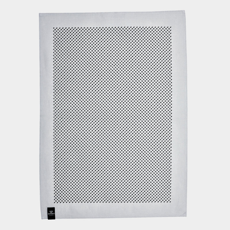 Grau/Schwarzes Geschirrtuch aus Leine-Baumwoll Gemisch. Flat Shot, Ausgebreitet.