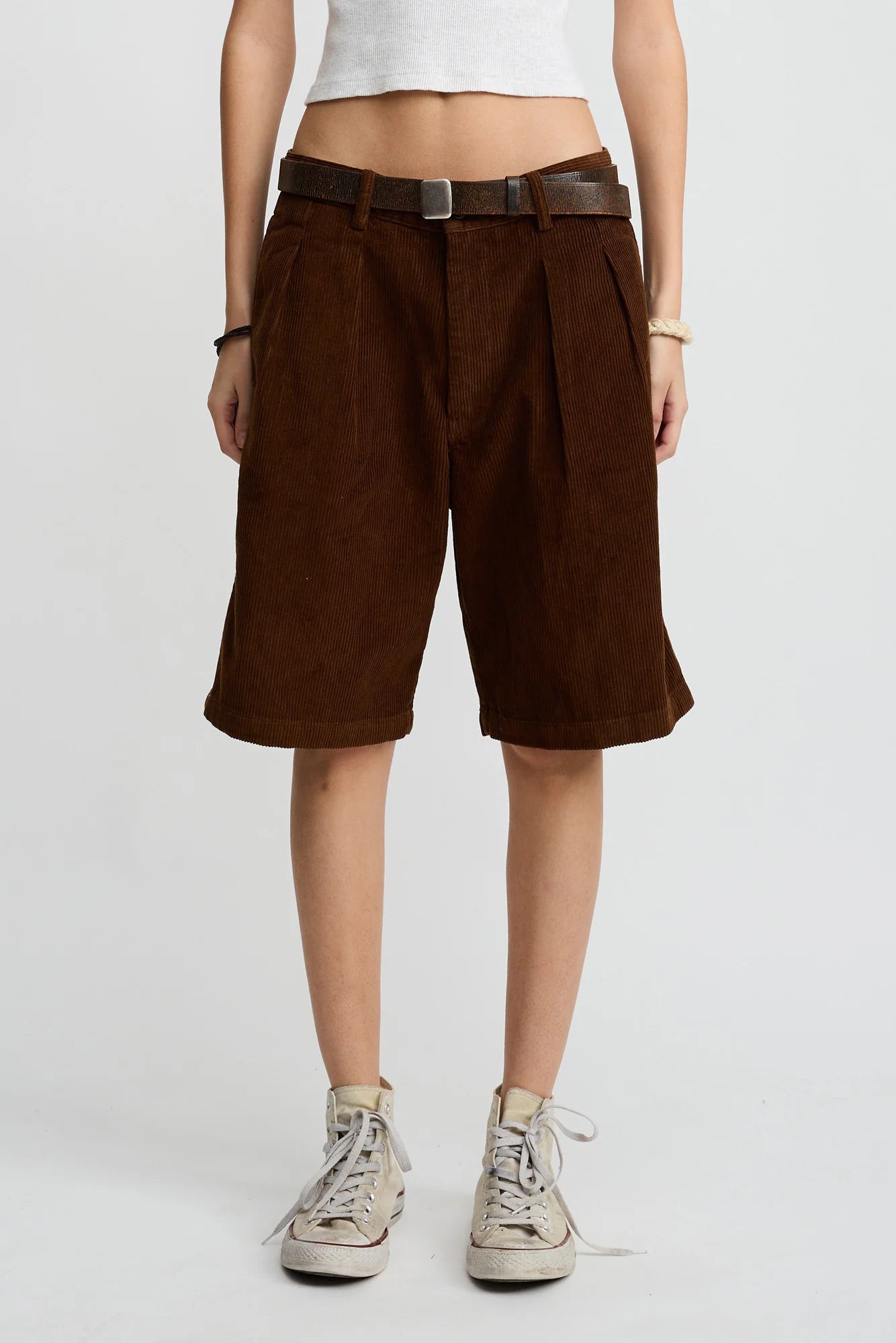 Double Pleat, Brown Corduroy, Long Shorts