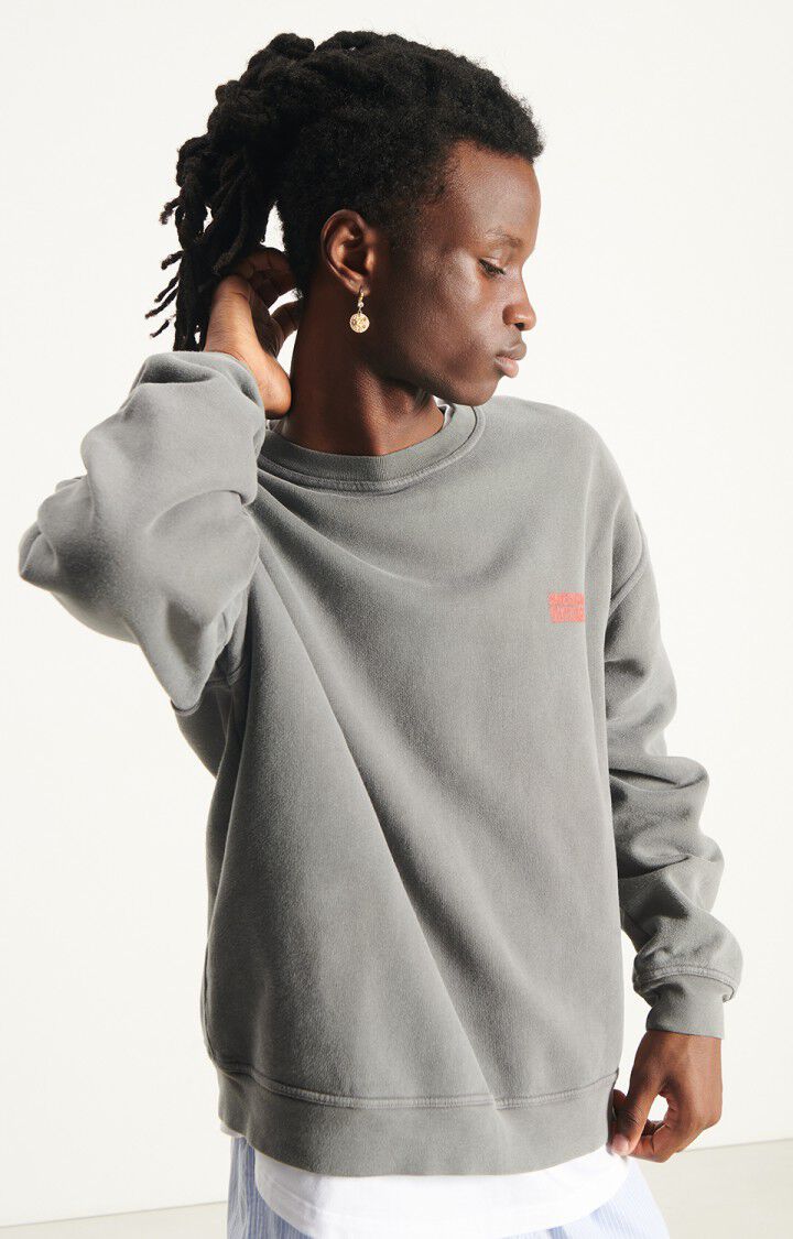 American Vintage Plizzy Sweater aus Baumwolle in einem verwaschenen Grau - Tragebild am Männermodel 