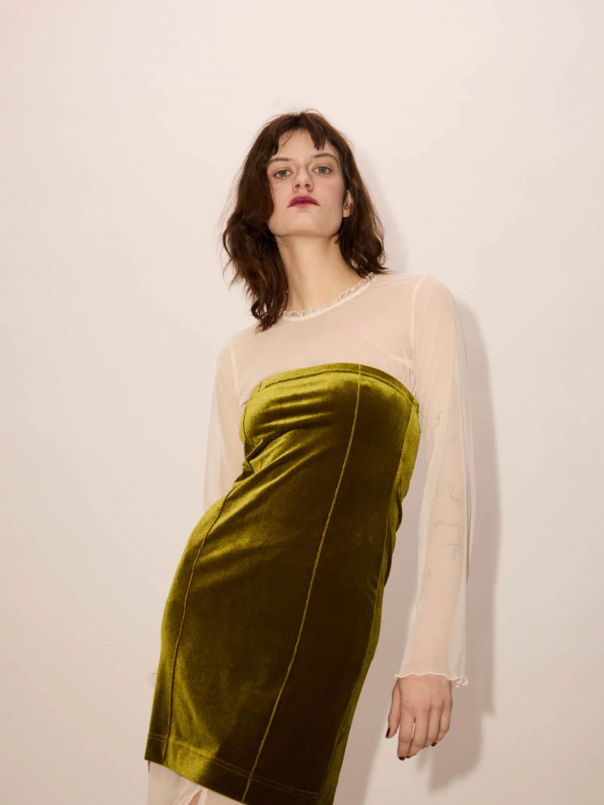 Mesh Frill, Silk, Langarm-Shirt