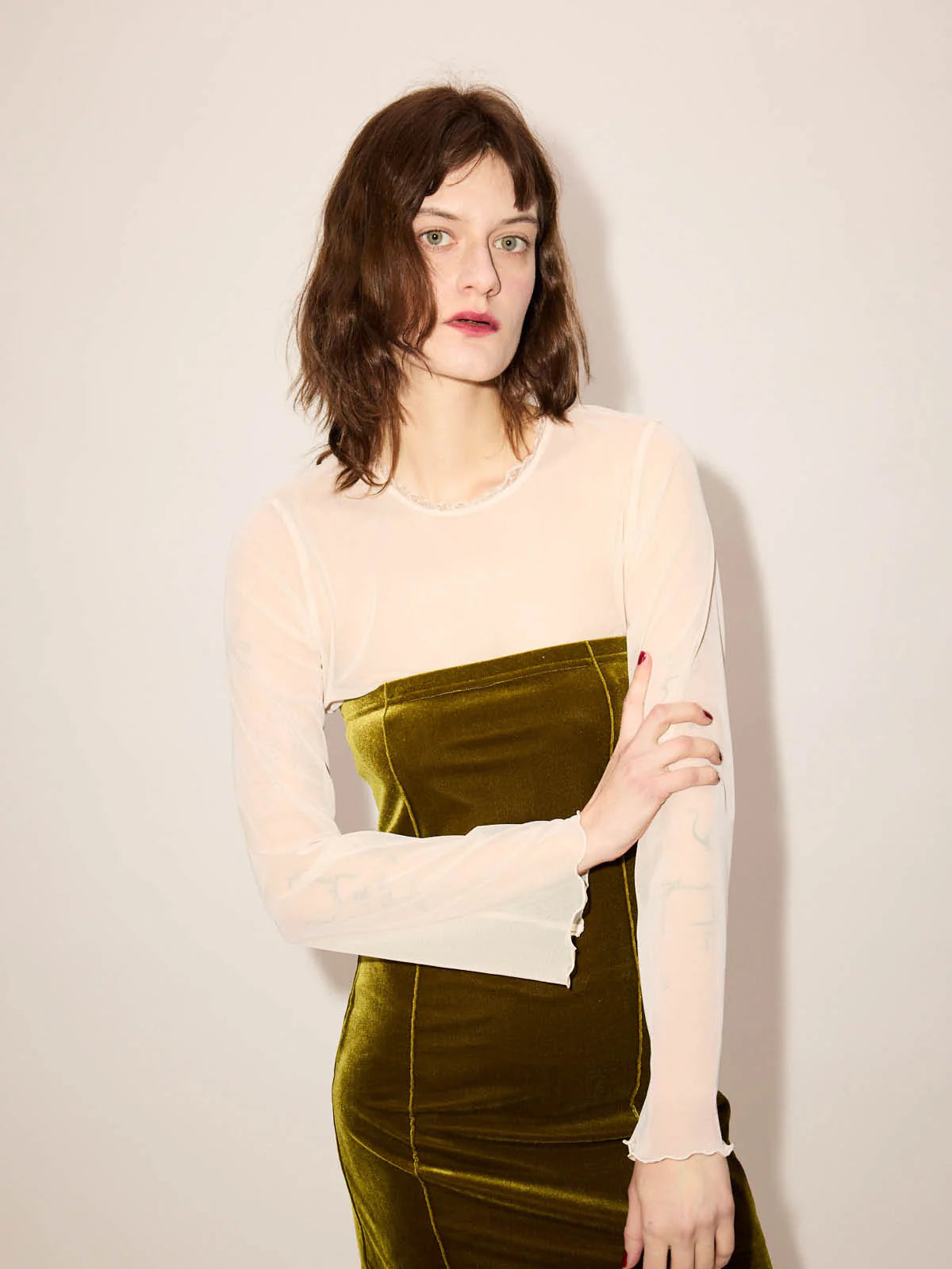 Mesh Frill, Silk, Langarm-Shirt