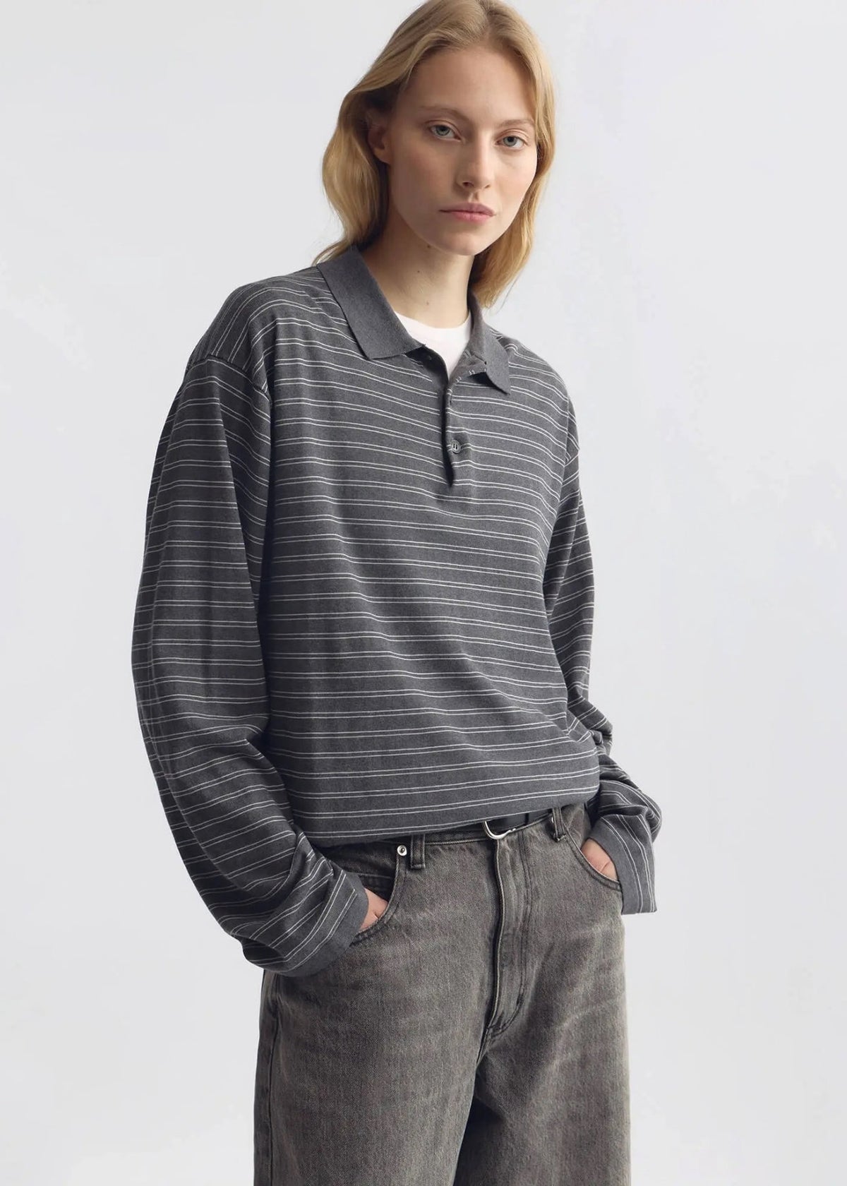 Nili Lotan, Foley Stripe, Charcoal/Ivory Stripe, Polo Longsleeve
