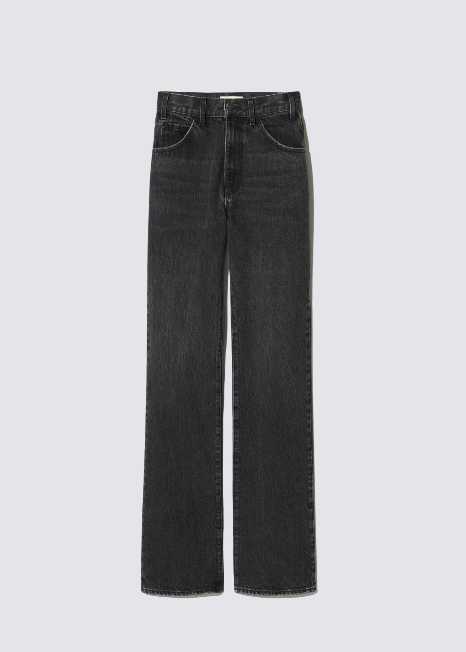 Dunkel Graue High-Rise Jeans, % Pocket, mit einem Straight Leg und Gürtelschlaufen . Flat Shot.