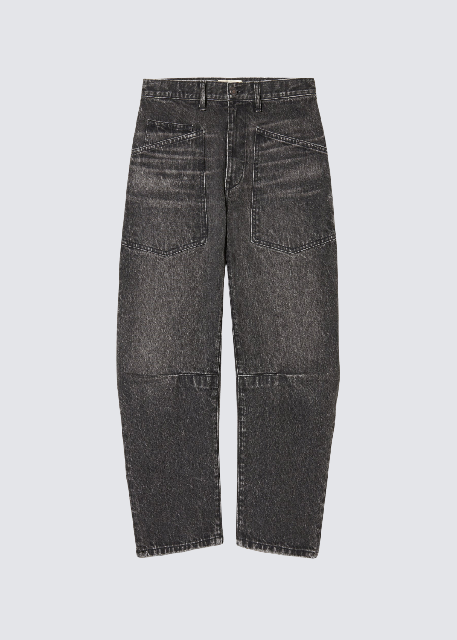 Graue Mid Rise Jeans mit rund geschnittenen Bein und aufgesetzten Taschen. Flat Shot.