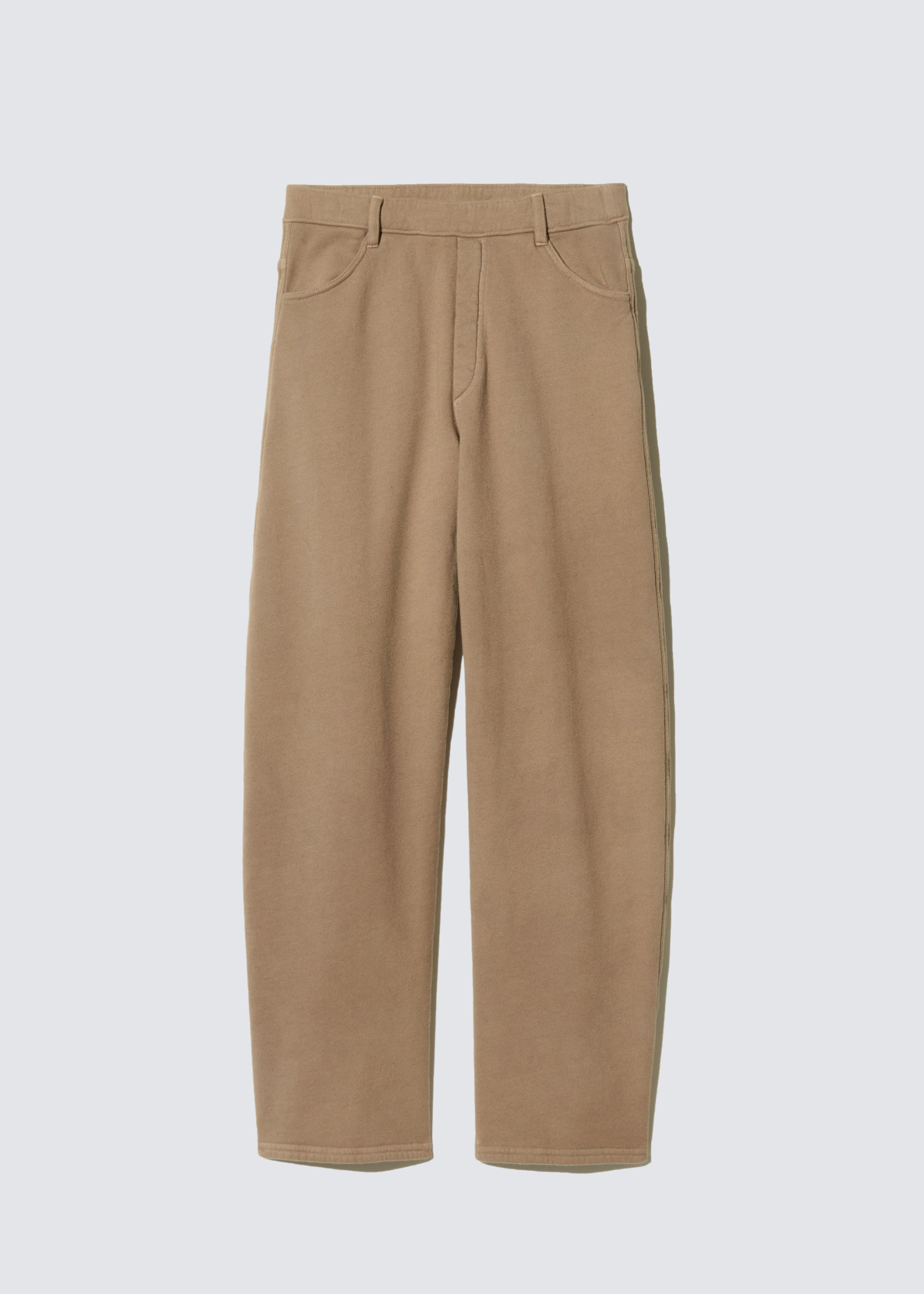 Taupe Farbende Stoffhose mit Barrel-Leg, Gürtelschlaufen, Seitliche Taschen,
Hohem Bund und Rund geschnittenem Bein. Flat Shot.