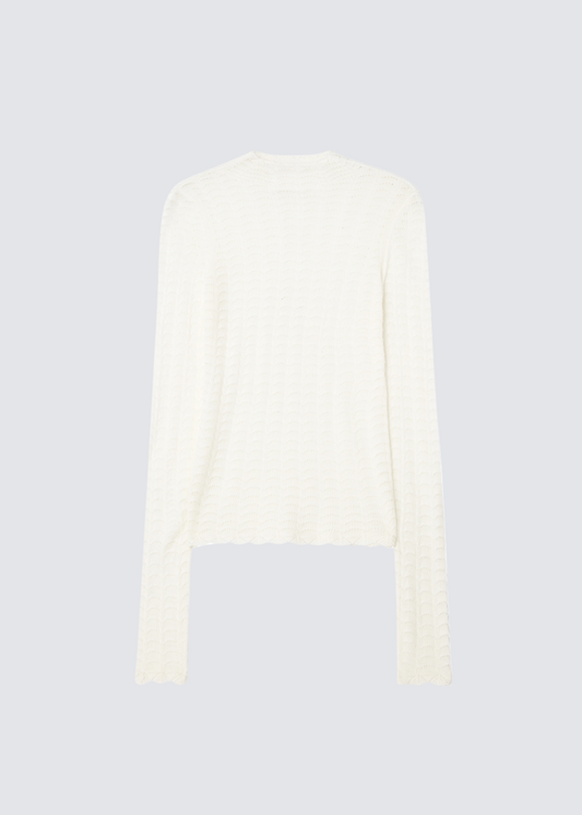 Lace knit top, white, long sleeve