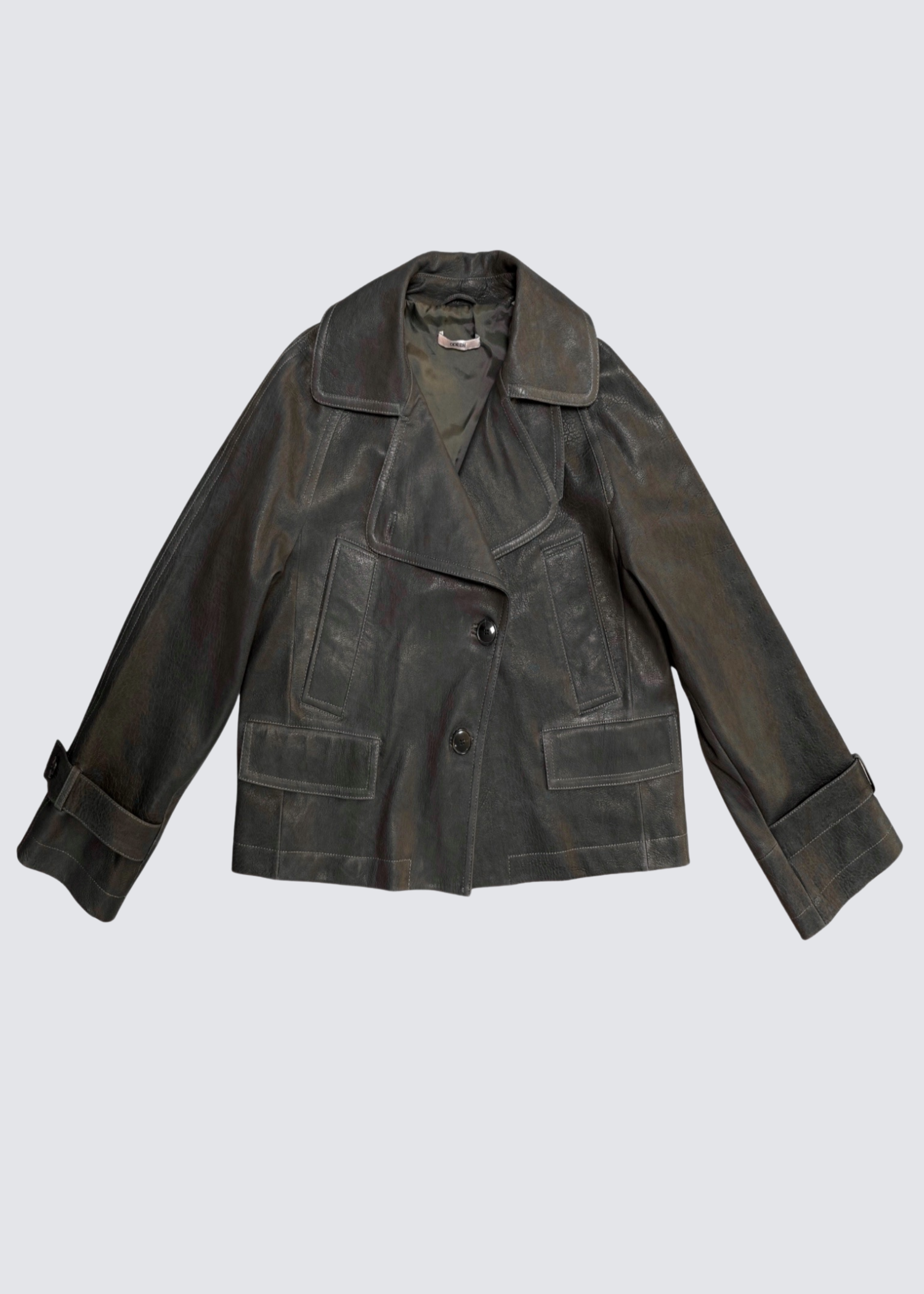 Dunkel Grünen, Olive Farbende Odeeh Lederjacke. Flat Shot.