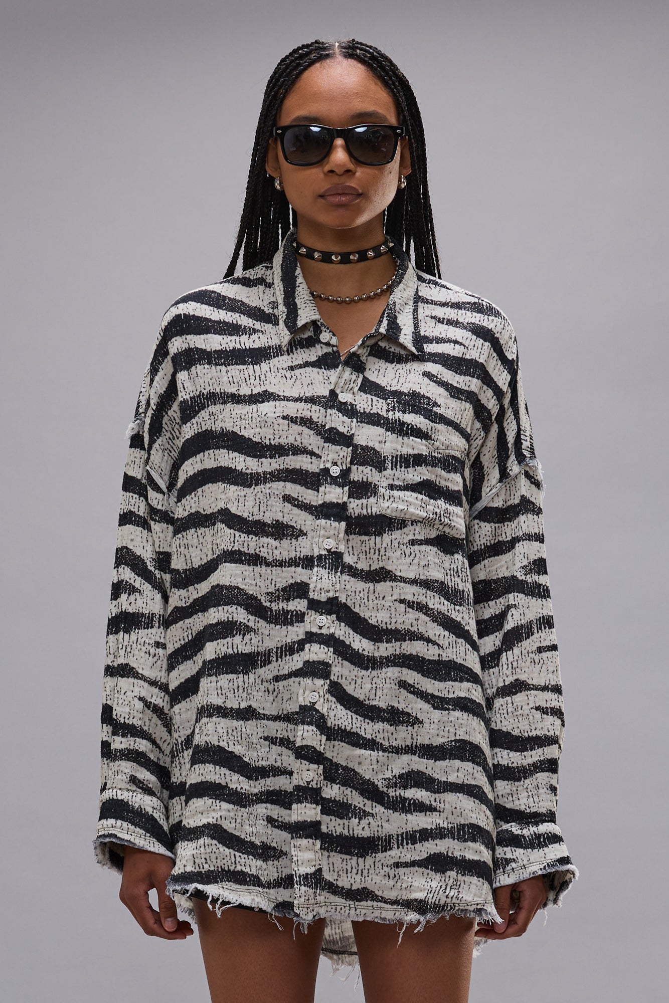 Shredded Seam Drop Neck Shirt, Black/White Zebra, Bluse