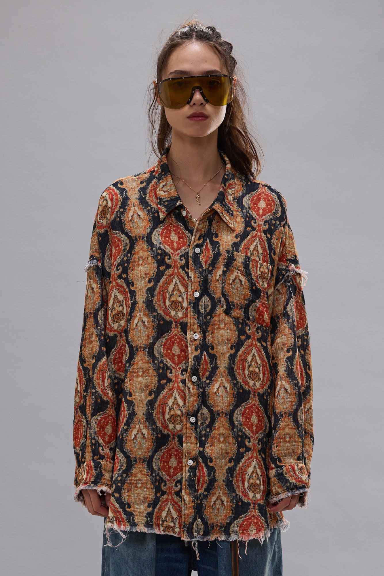 Shredded Seam Drop Neck Shirt, Orange Navy, Bluse