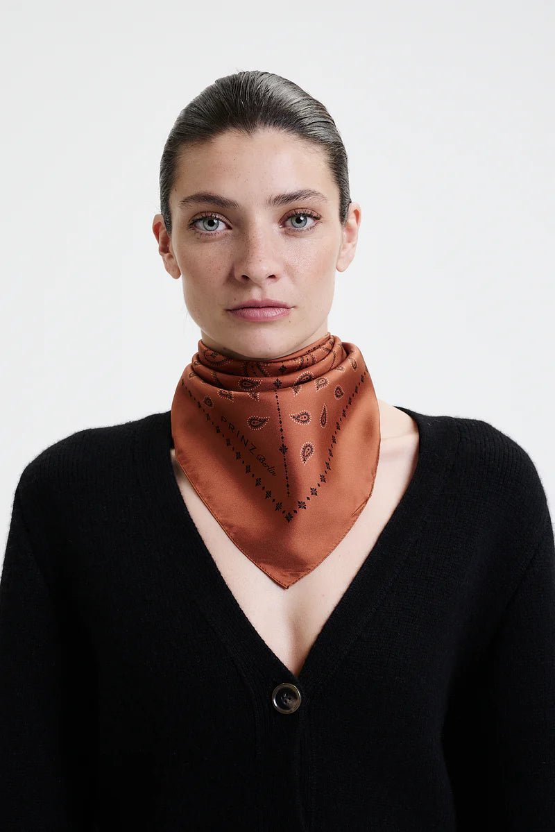 Prinz Berlin bronze Farbendes Paisley mit Musterung. Model trägt den Schal um den Hals. Portrait Ansicht des Models.