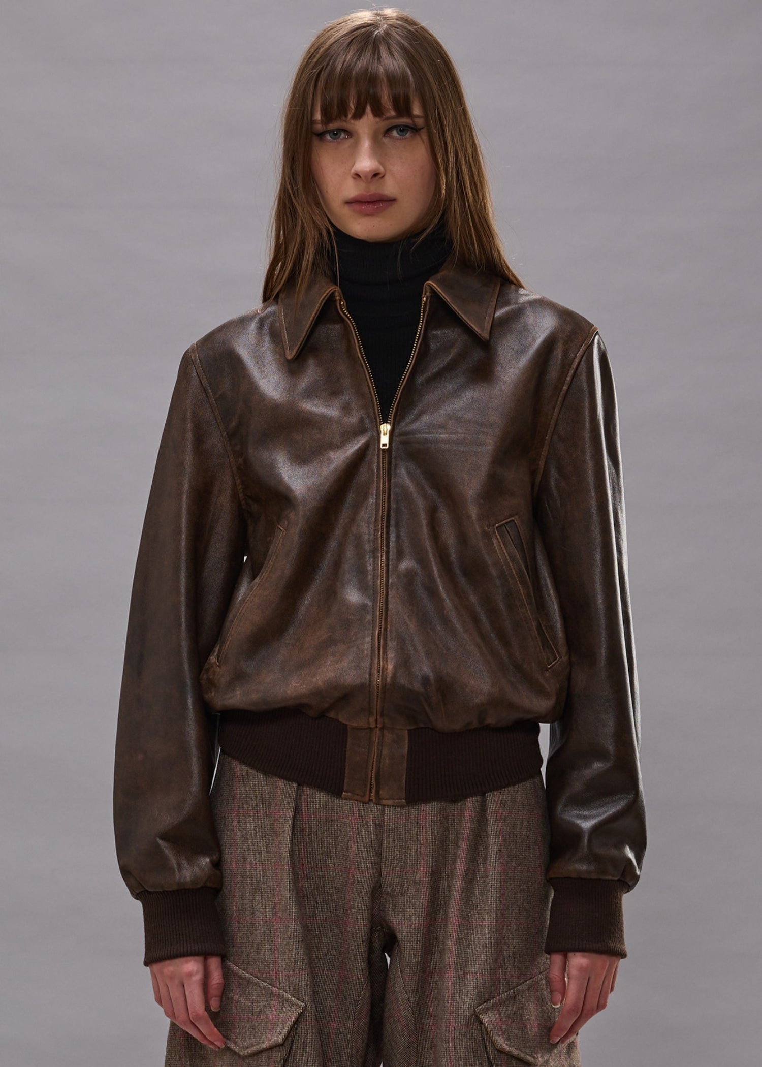R13, Boyfriend Leather Bomber, Brown, Lederjacke