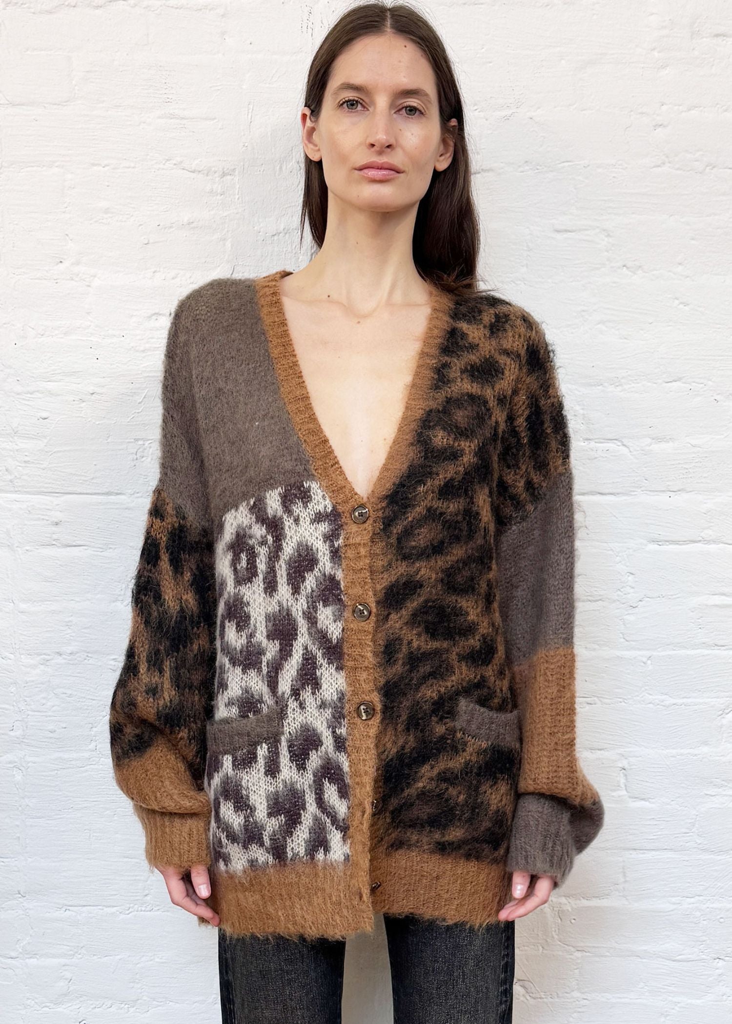 R13, Multi Brown Leopard Patchwork, Cardigan