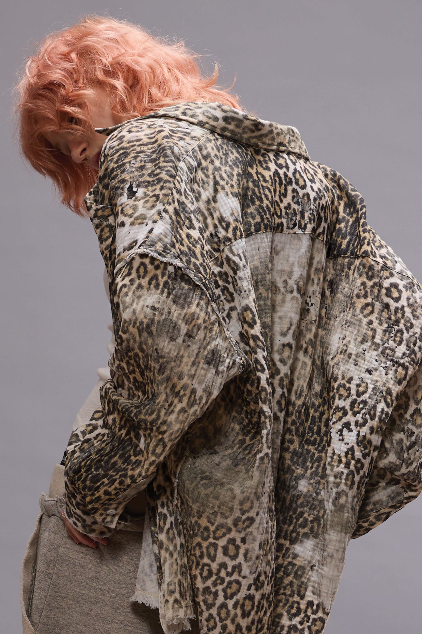 Shredded Seam, Bleached Leopard, Drop Neck Shirt