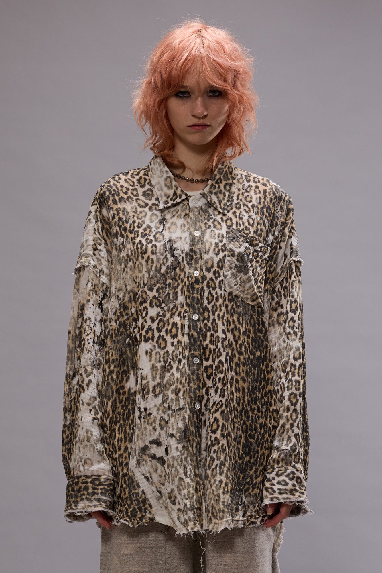 Shredded Seam, Bleached Leopard, Drop Neck Shirt