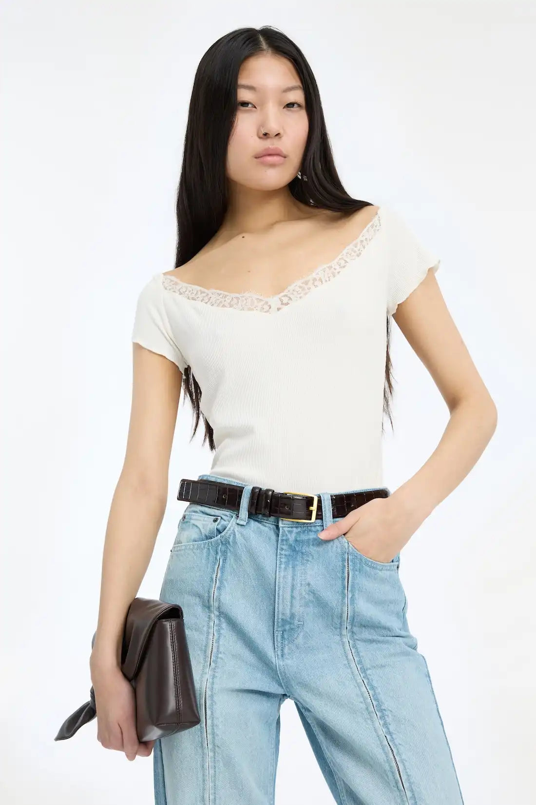 Rotate, Lacina Rib V-Neck Lace, Egret, Top