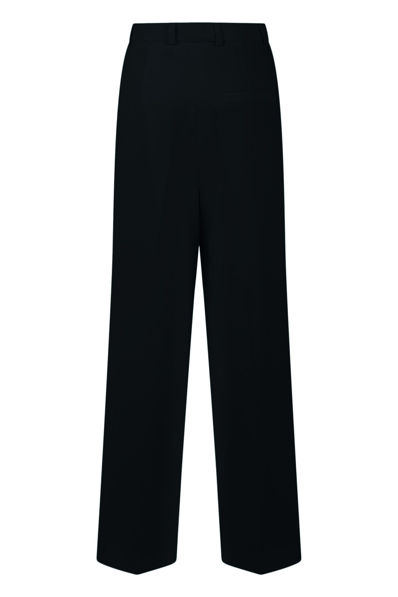 Anzugshose in Schwarz mit Bundfalten und Mittelhohem Bund sowie Gürtelschlaufen. Seitlich integrierte Eingriffstaschen. Gerades Bein. Flat Shot, Rückseite.