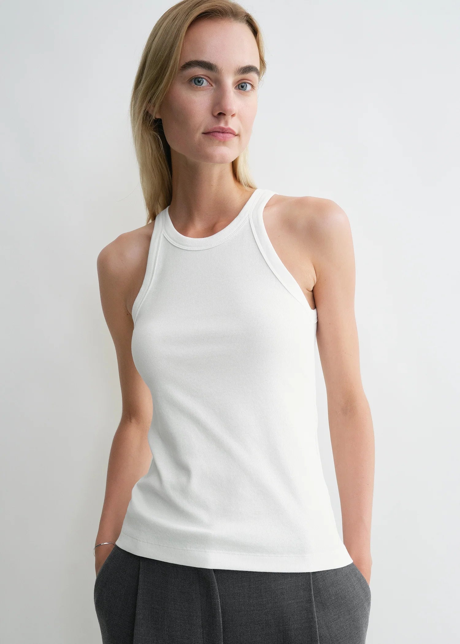 Curved Rib Tank, White, Tanktop