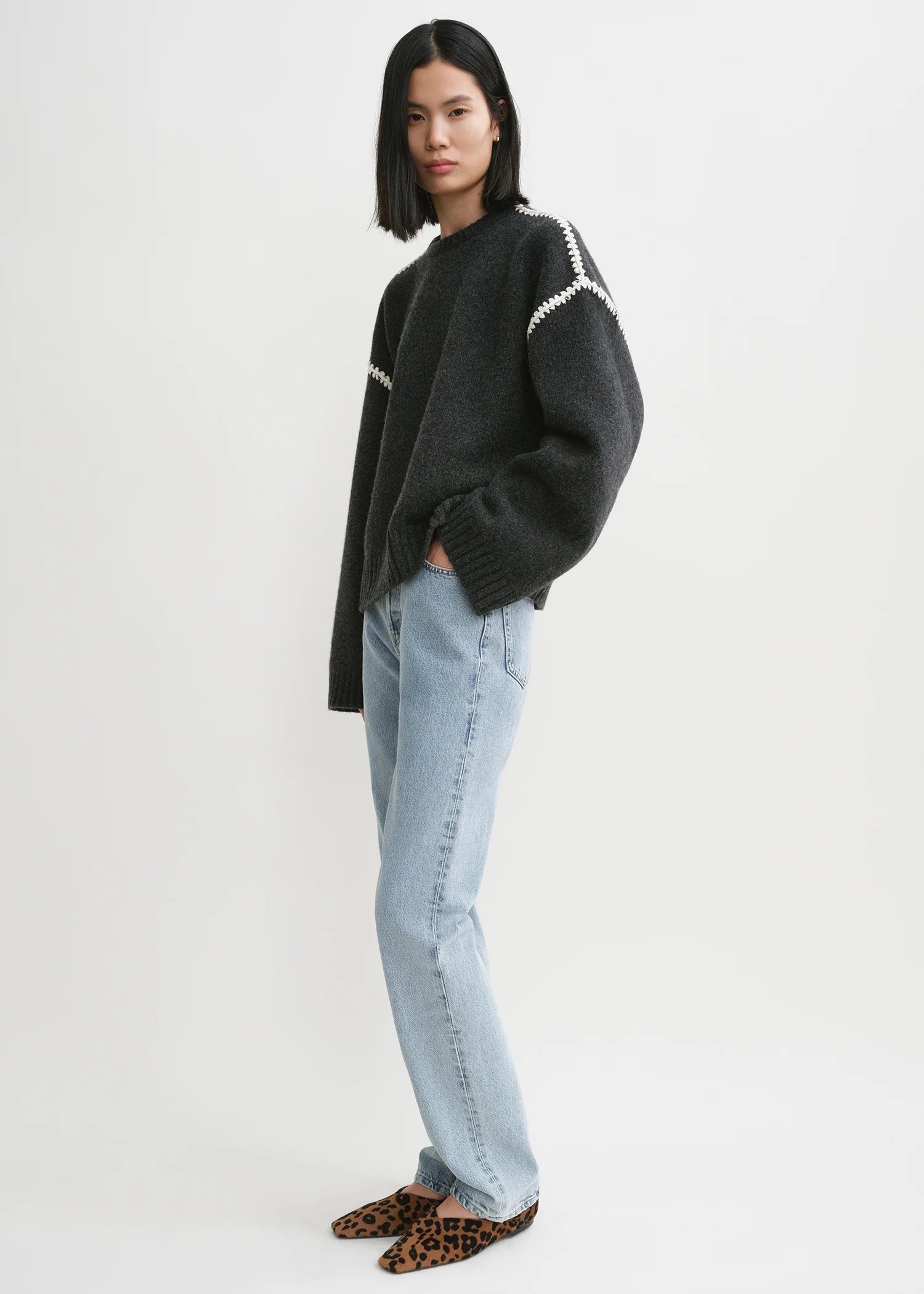 Embroidered Knit, Gray, Sweater 