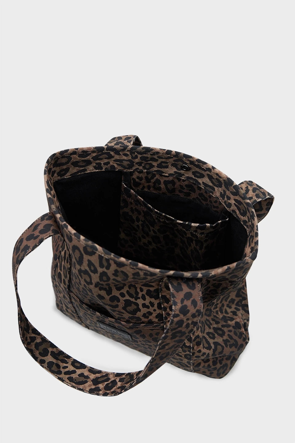 LALA BERLIN dunkelbraune Tasche mit Leopardenmuster aus Baumwolle - geöffnet Draufsicht  