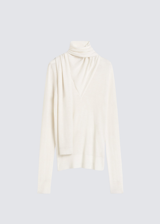 Draped Scarf, Off White, Fine Knit Pullover