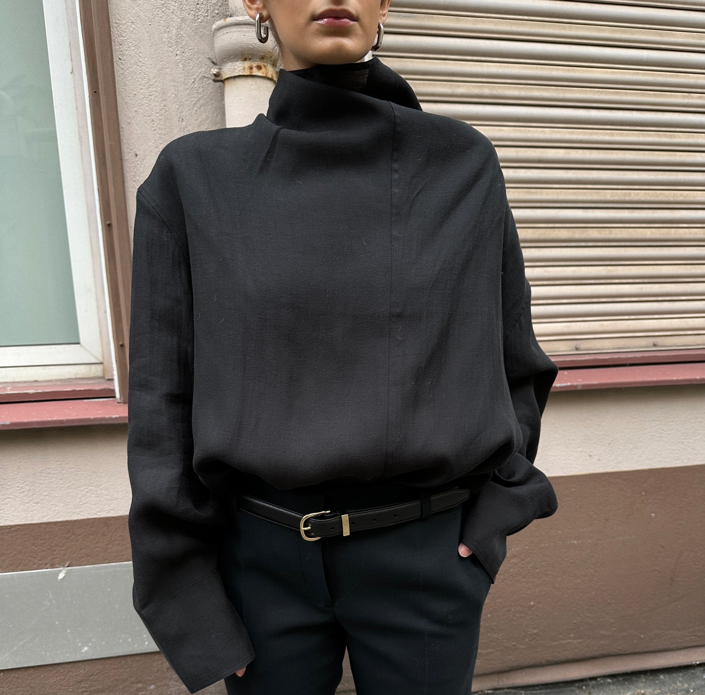 Funnel-Neck, Black, Organza Blouse