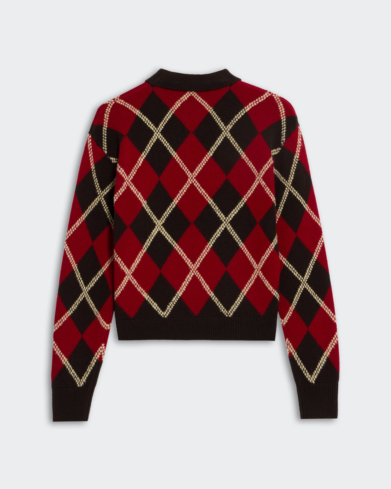 Guest in Residence Polo Kaschmir Pullover in rot, beige, Khaki mit schwarzem Hemdkragen. Flat Shot, hinten.