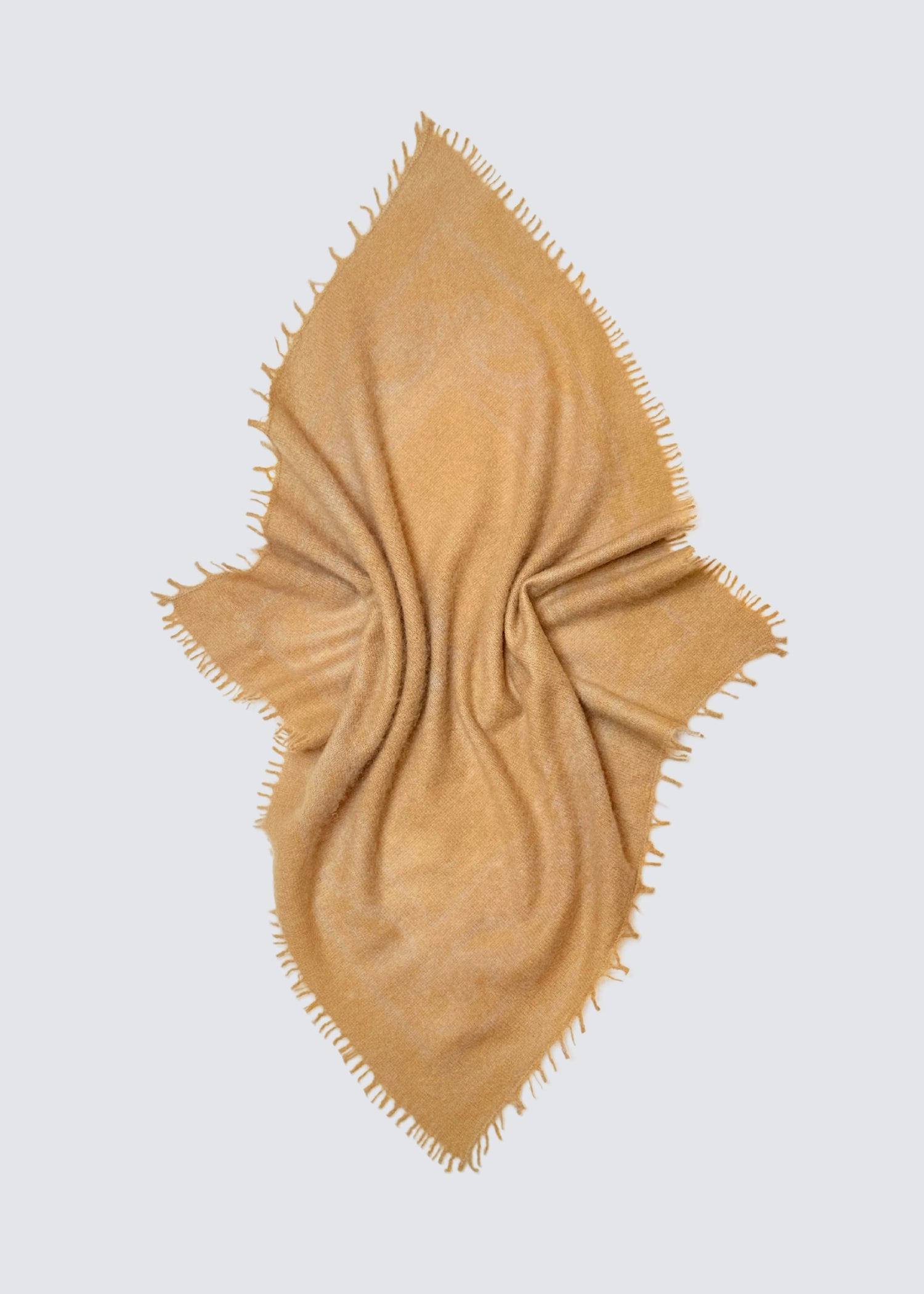 Ausgebreitetes Kaschmir Tuch in Beige. Paisley Muster. Gefranste Enden. Flatshot