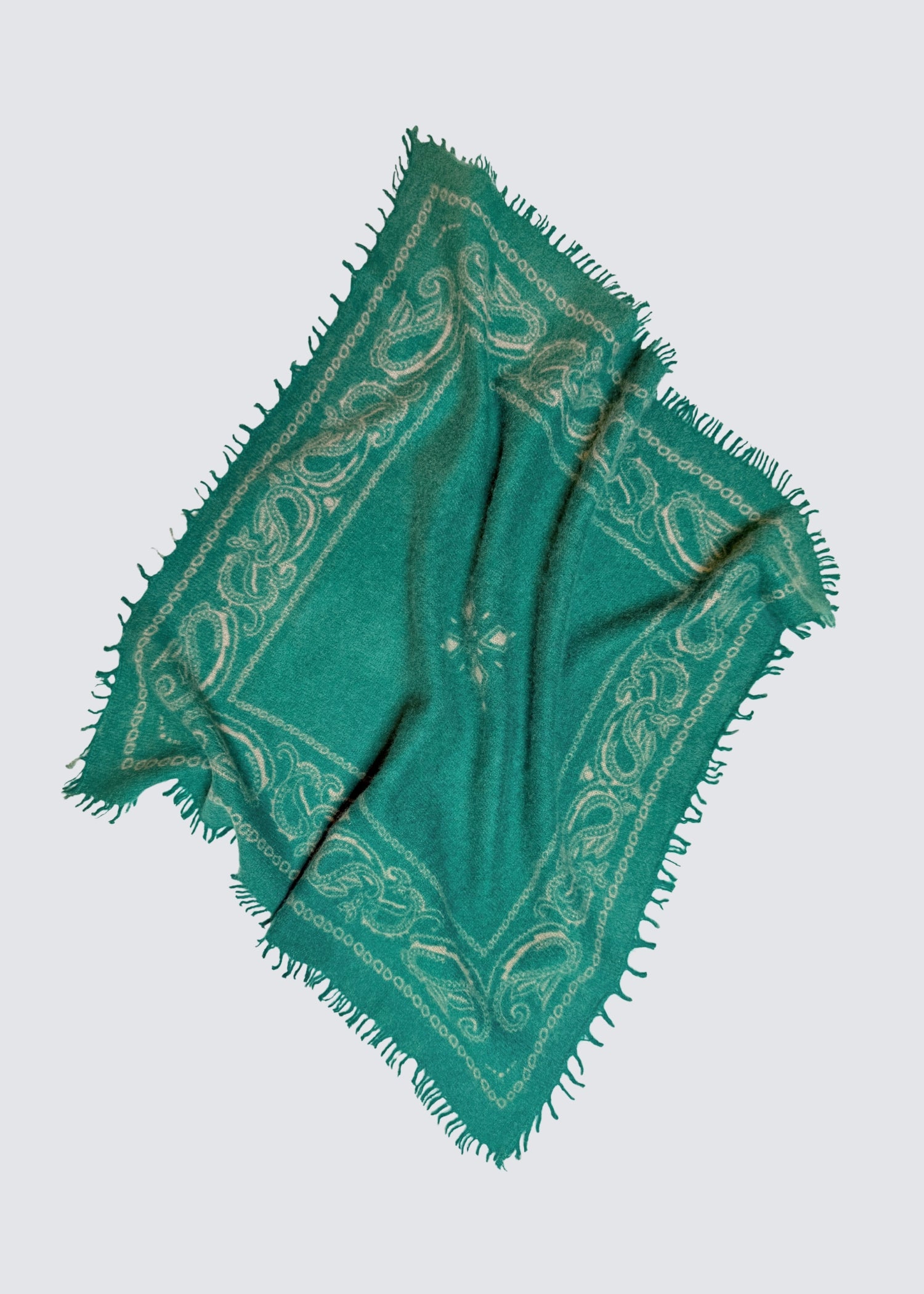 Ausgebreitetes Kaschmir Tuch in Grün. Paisley Muster. Gefranste Enden. Flatshot