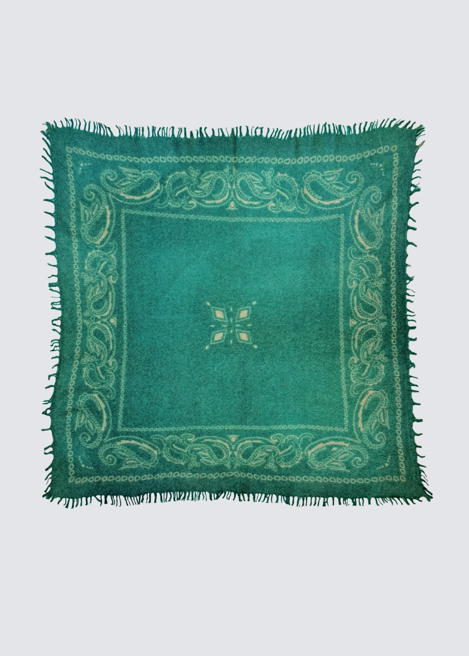Flach ausgelegtes Kaschmir Tuch in Grün. Paisley Muster. Gefranste Enden. Flatshot
