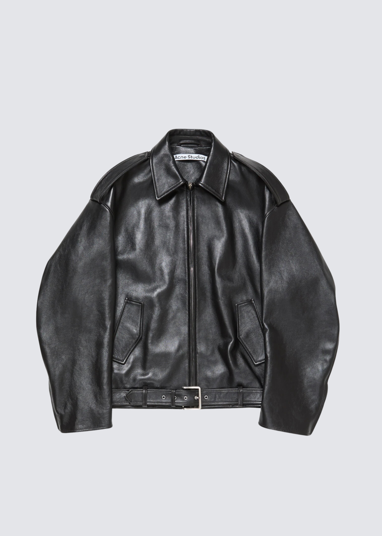 acne studios schwarze lederjacke aus lammleder - flatshot von vorn 