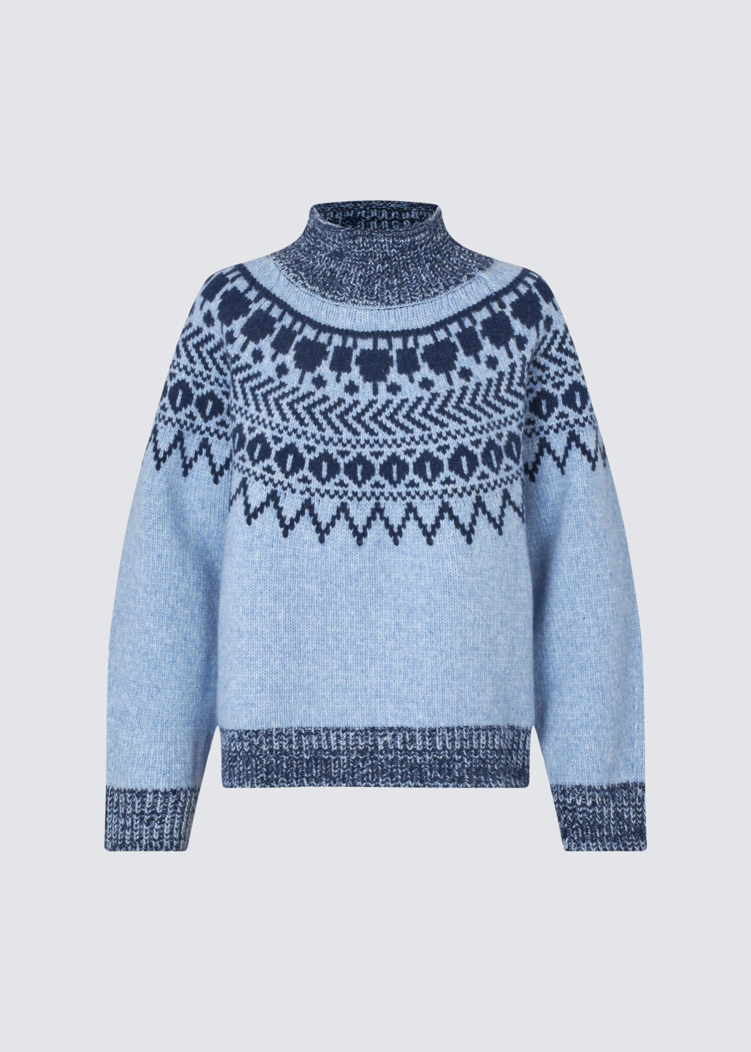 Baum und Pferdgarten blauer Pullover mit Norweger-Muster aus Wollgemisch - Flatshot
