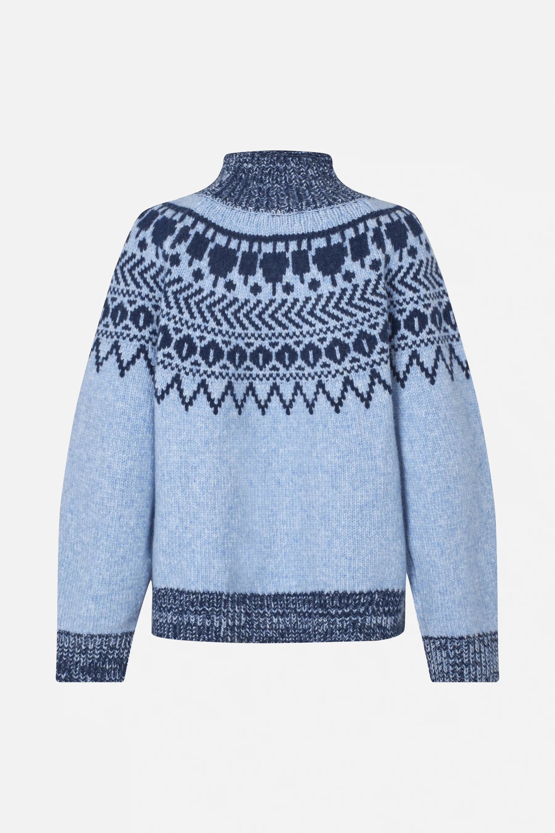 Baum und Pferdgarten blauer Pullover mit Norweger-Muster aus Wollgemisch - Flatshot von hinten