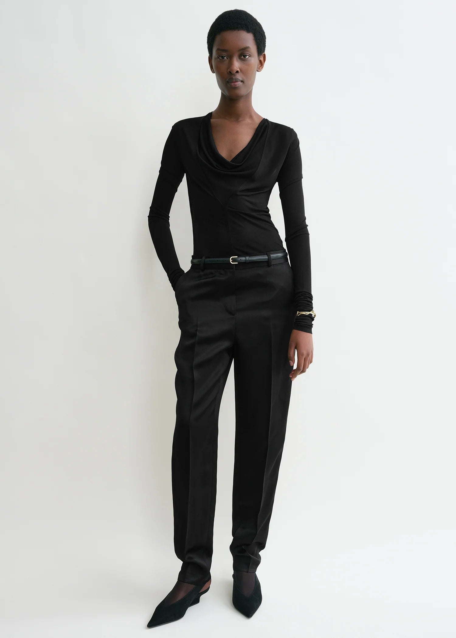 Draped, Black, V-Neck Top - Lindner Fashion