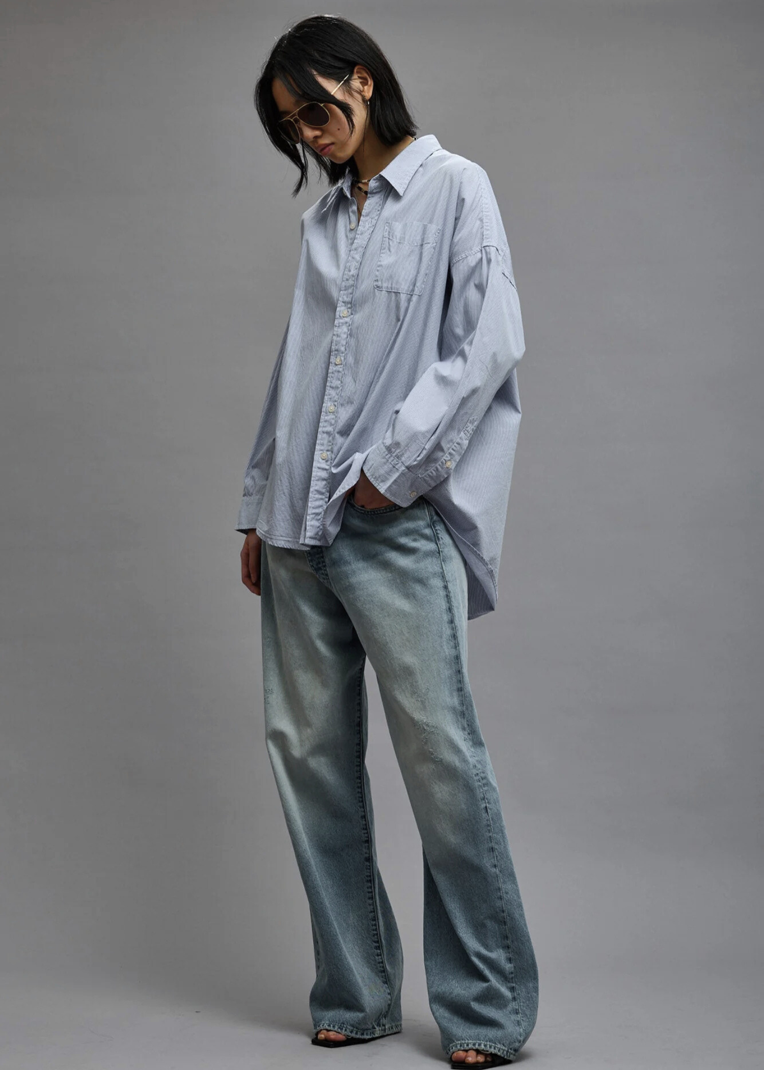 Drop Neck, Blue/White Pinstripe, Oxford Hemd - Lindner Fashion